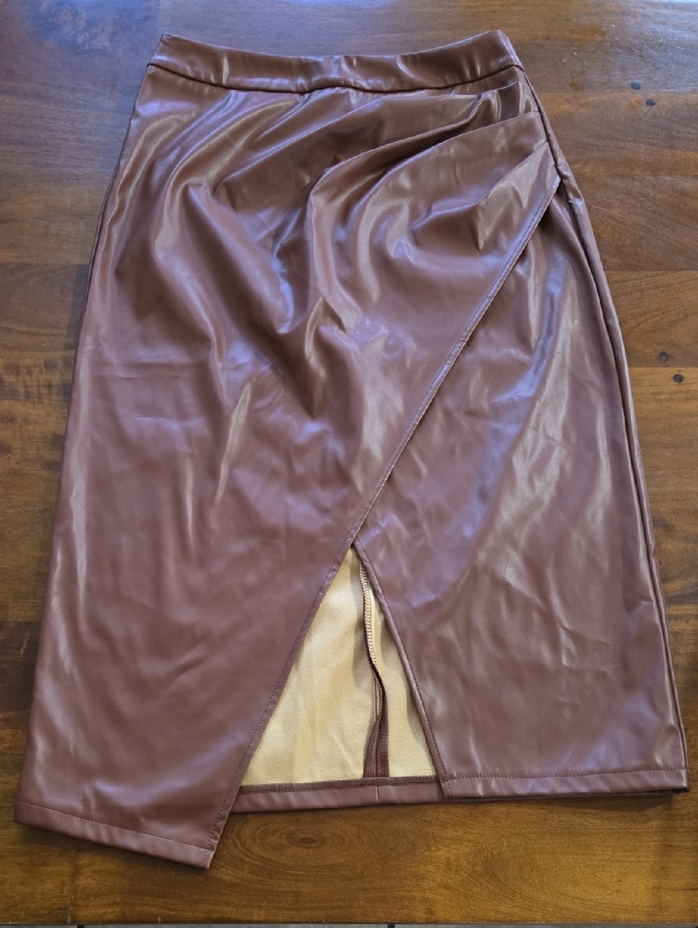 Commense Chocolate Brown Faux Leather Tulip Hem High Waisted Midi Skirt Large
